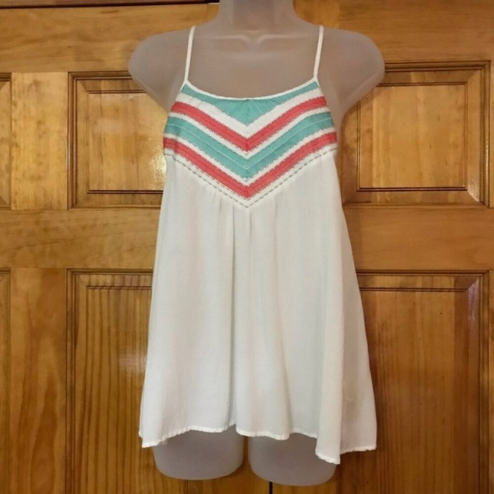 Teal Dove White Spaghetti Strap Razor Back Tank Top w/ Teal & Coral Neckline